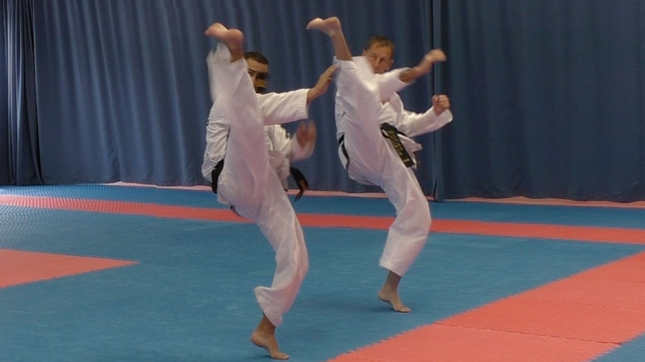 Moon-Moo tul performed during ITF Taekwon-Do pattern training, showing ther high twisting kicks