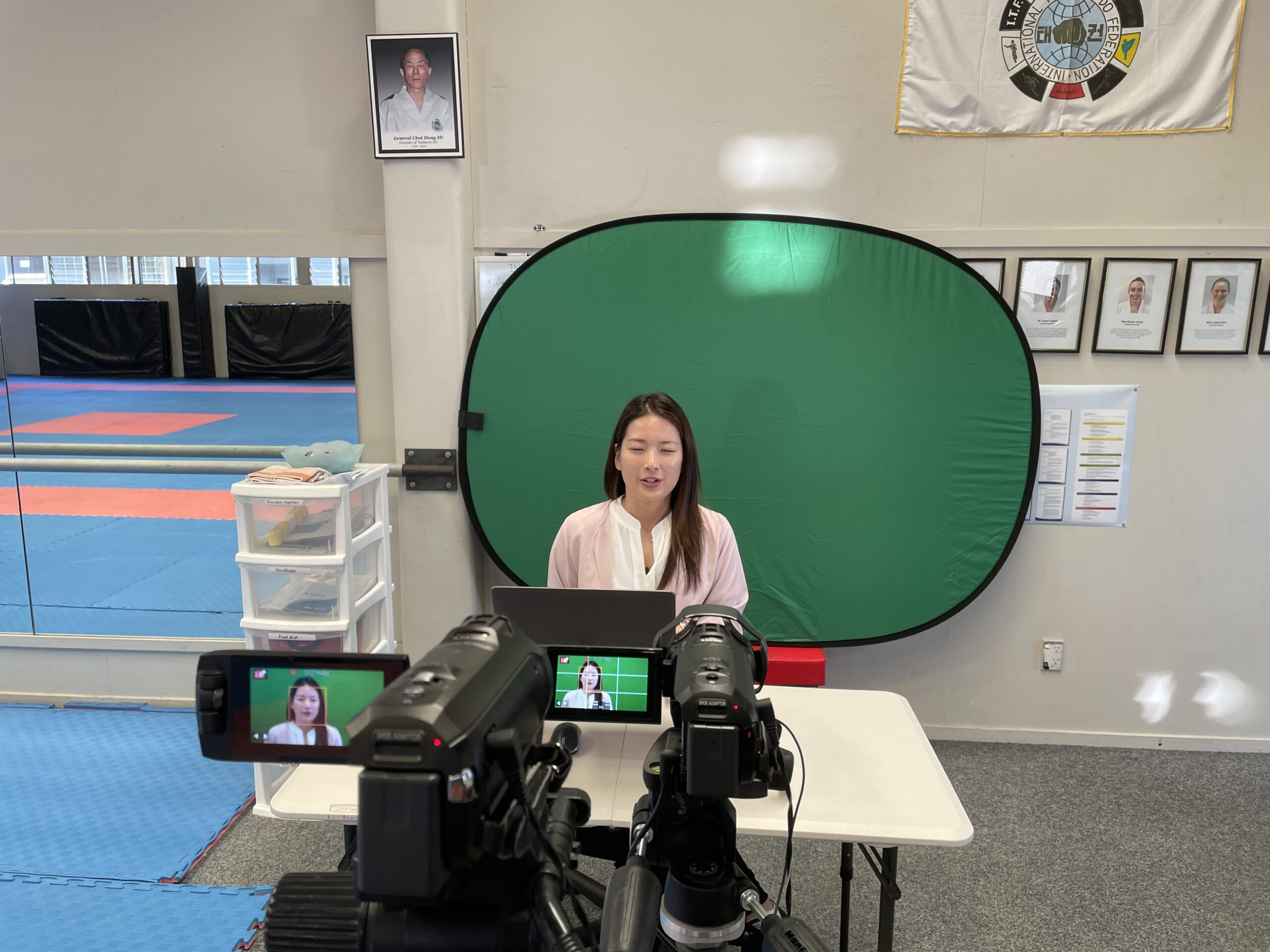 Irene Yu presenting Taekwon-Do terminology during a studio recording session