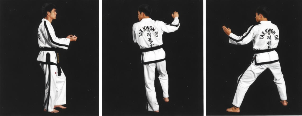 Photos of the stepping after the front snap kick in the ITF Taekwon-Do Pattern Kwang-Gae